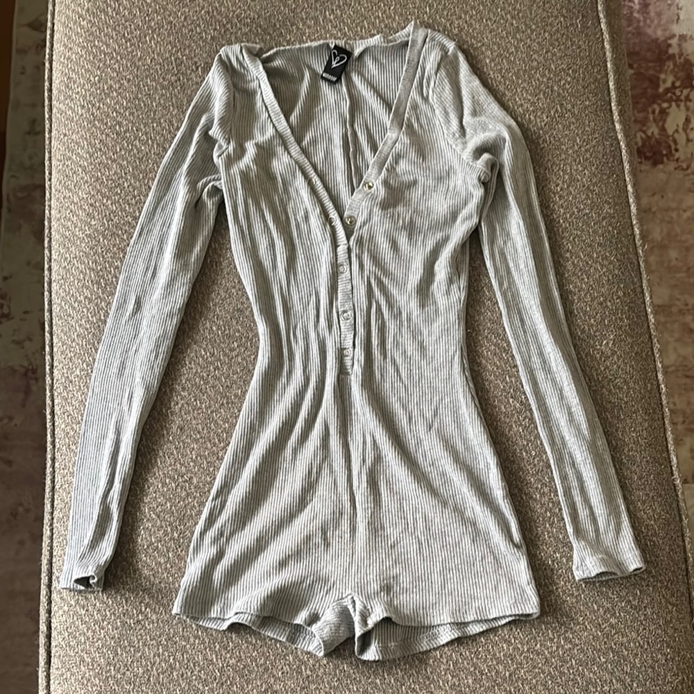 Gray Fitted Ribbed Bodysuit Pajamas